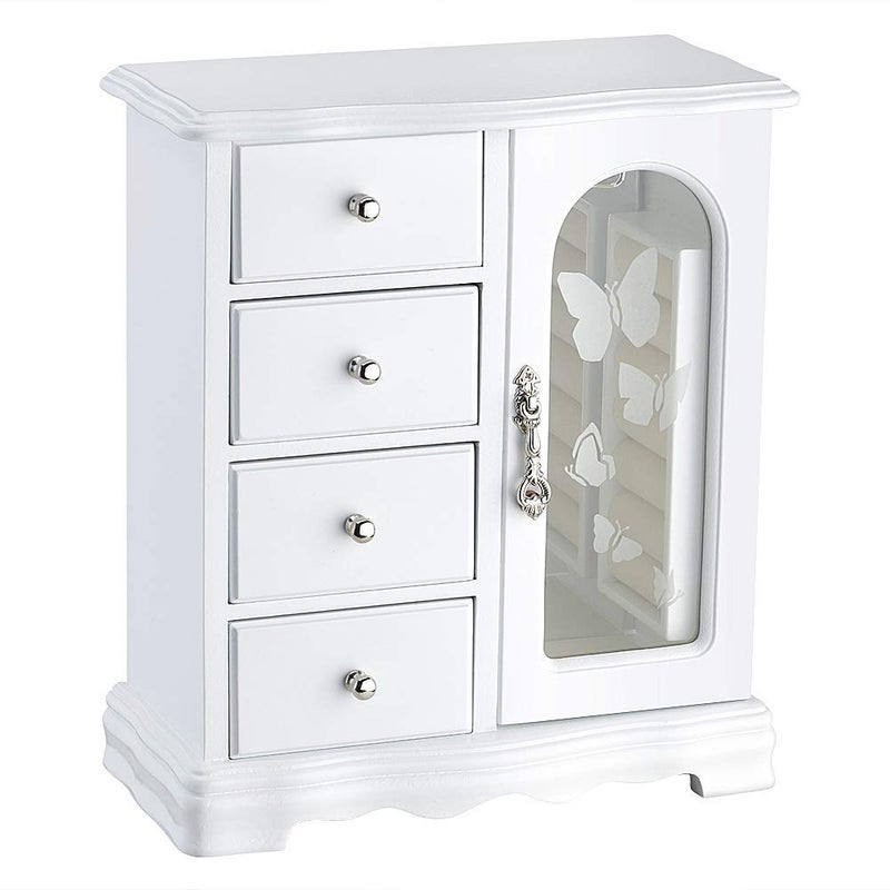 RR ROUND RICH DESIGN Jewelry Box - Made of Solid Wood with 4 Drawers Organizer and Built-in Necklace Carousel and Large Mirror White - Image 1